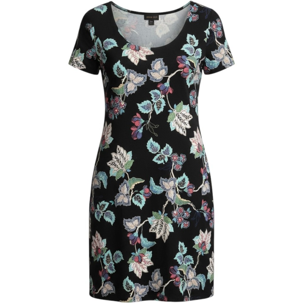 J. Jill Wearever Floral Knit Shift Dress Black Blue Petite Small Short Sleeve